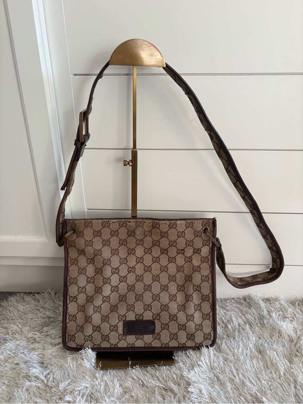 Gucci Brown GG Supreme Canvas Messenger Bag with Dark Brown Trim WORN